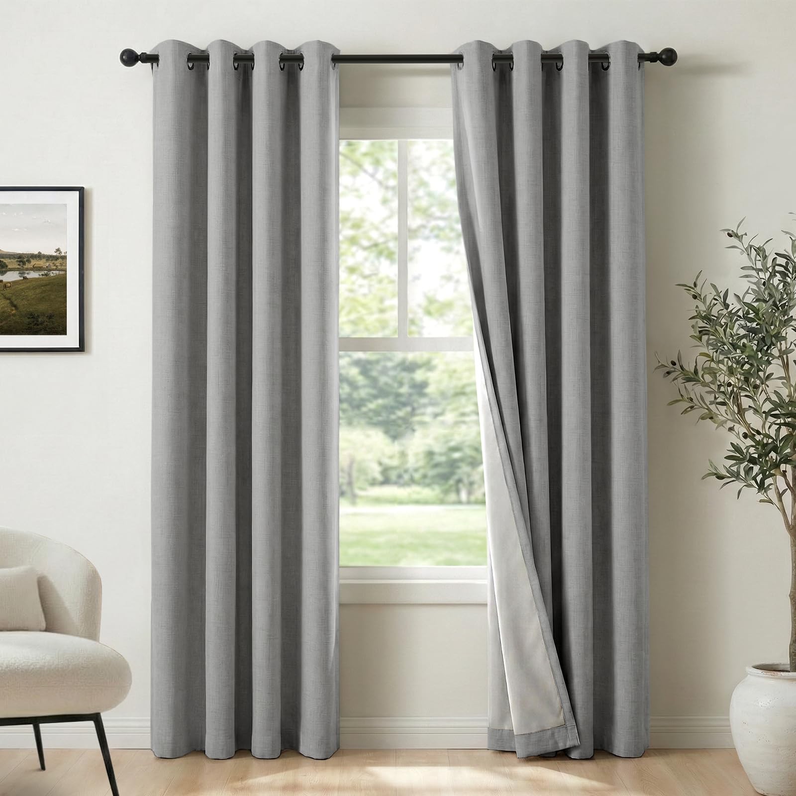 100% Blackout Shield Grey Curtains for Bedroom Grommet Linen Drapes 2P