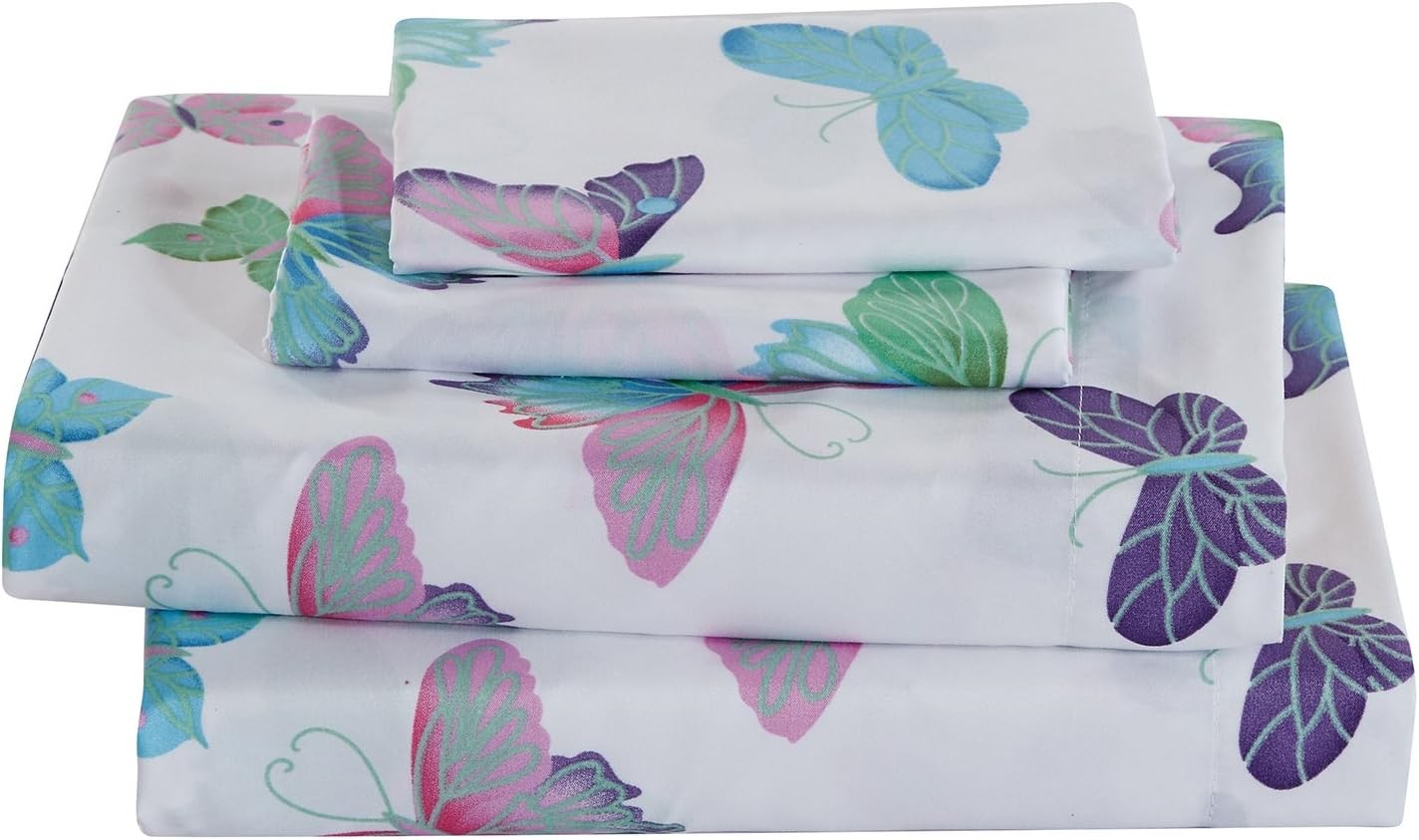 Linen Plus Sheet Set for Twin, Butterflies Purple White Green Turquoise Pink