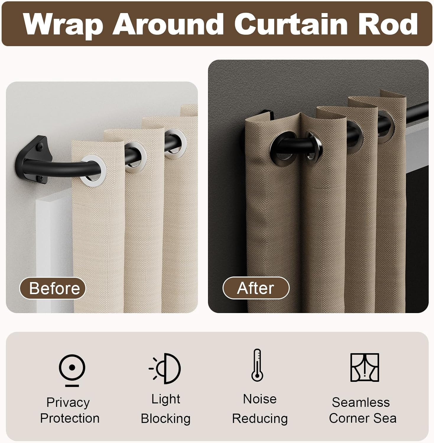Blackout Curtain Rods for Windows 36″-48″, 5/8 inch Small Matte Black Wrap Aroun