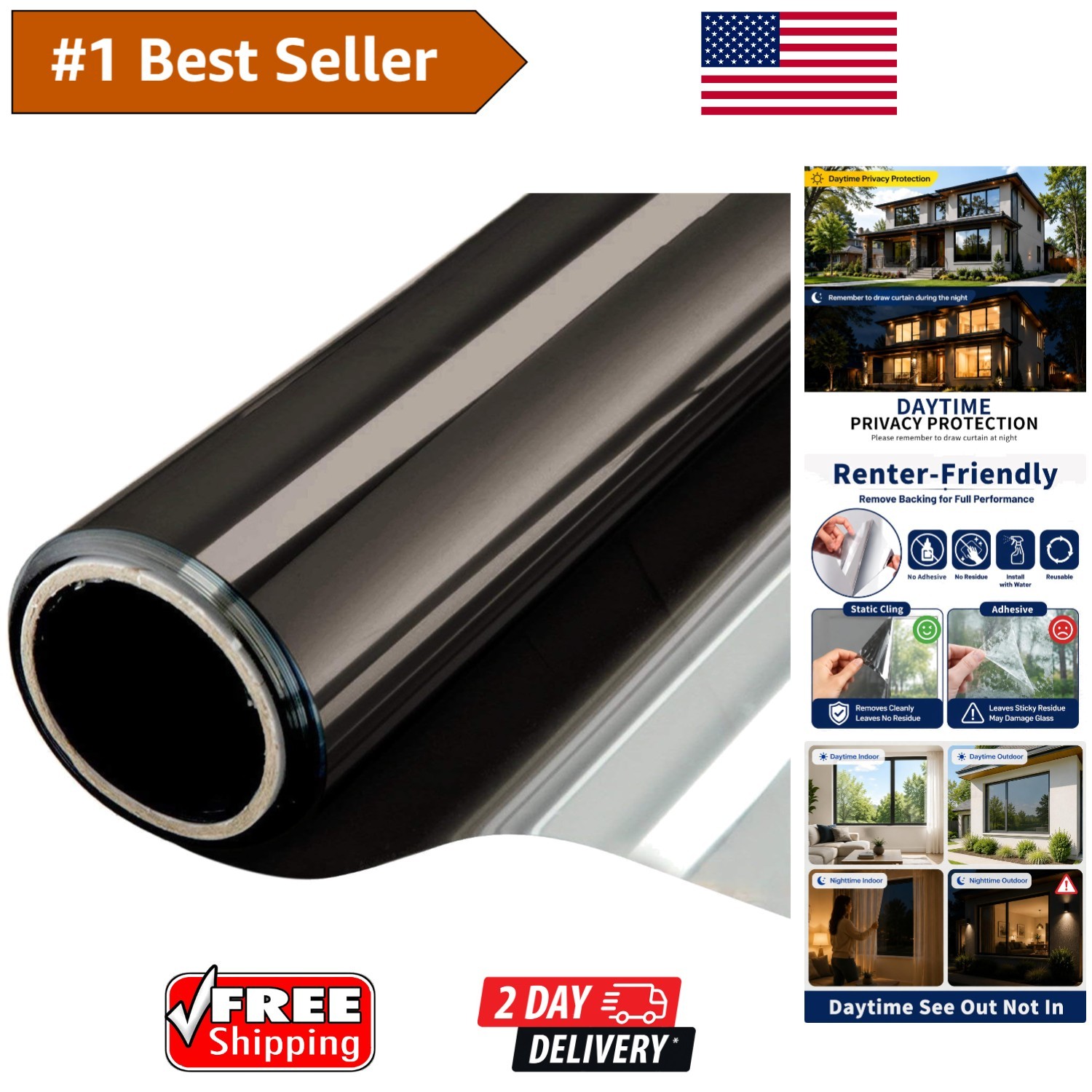 One Way Mirror Window Film – Daytime Privacy & Heat Control 17.5×6.5 Feet