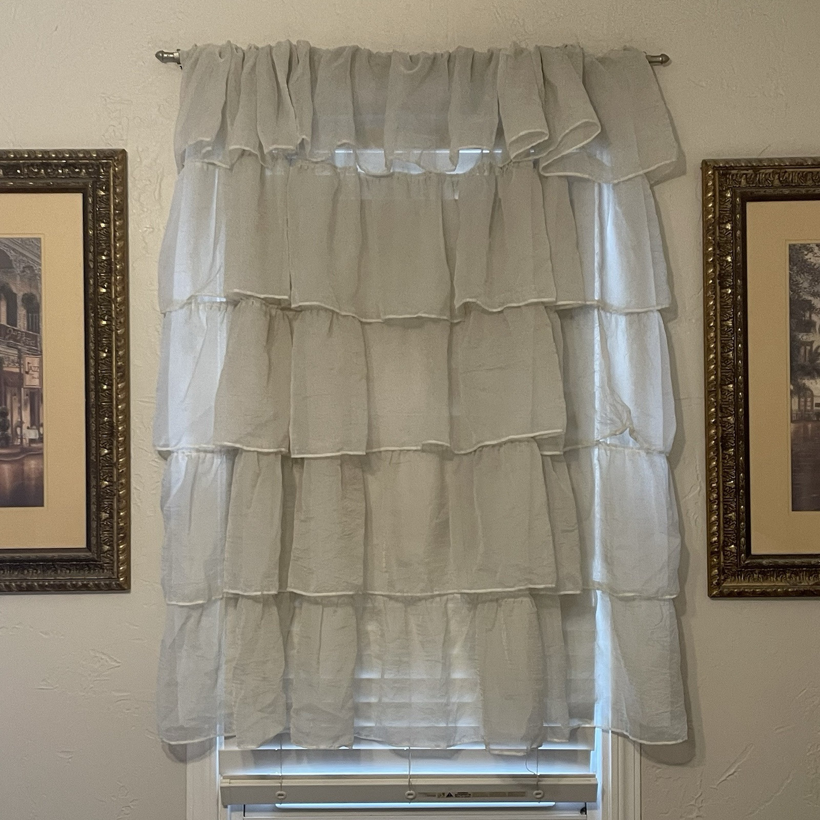 Vtg Curtains Ruffle Tier Sheer Panel Short 50” Long 65” Wide Ivory Buttonhole