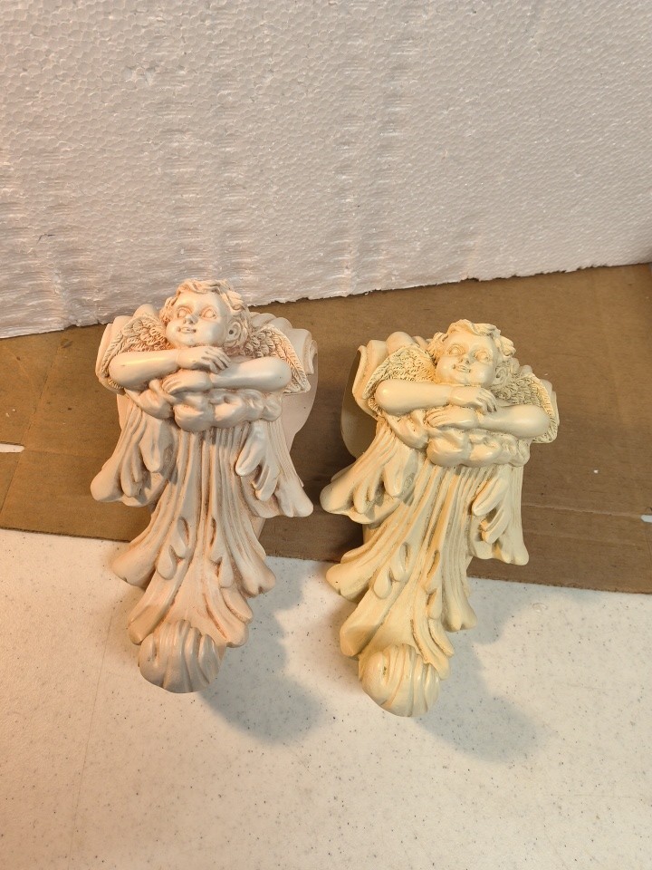 2 Angel/Cherub Curtain Rod Holders Resin. one White. One Off White