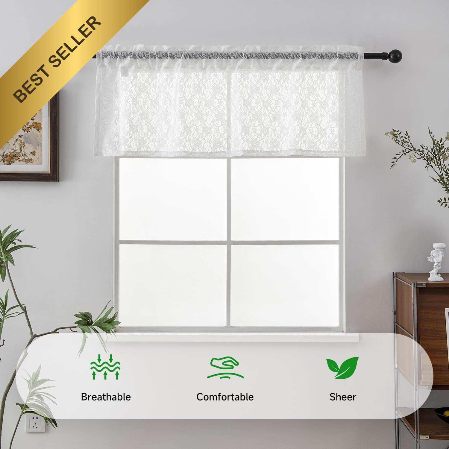 PearAge Elegant Lace Sheer Valance Curtain Short Window Treatment 52×18 Kitchen
