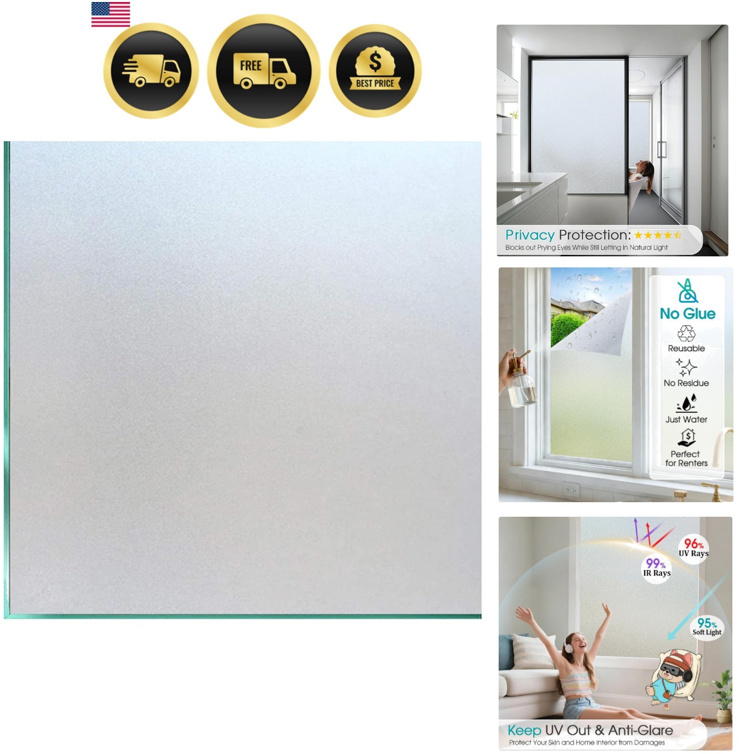 Frosted Glass Window Privacy Film Day and Night, Static Cling No Glue, Anti-G…