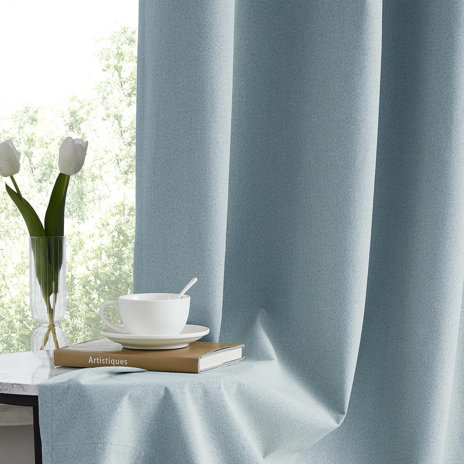 Light Blue 100% Blackout Curtains for Bedroom, Thermal Insulated Linen Look G…