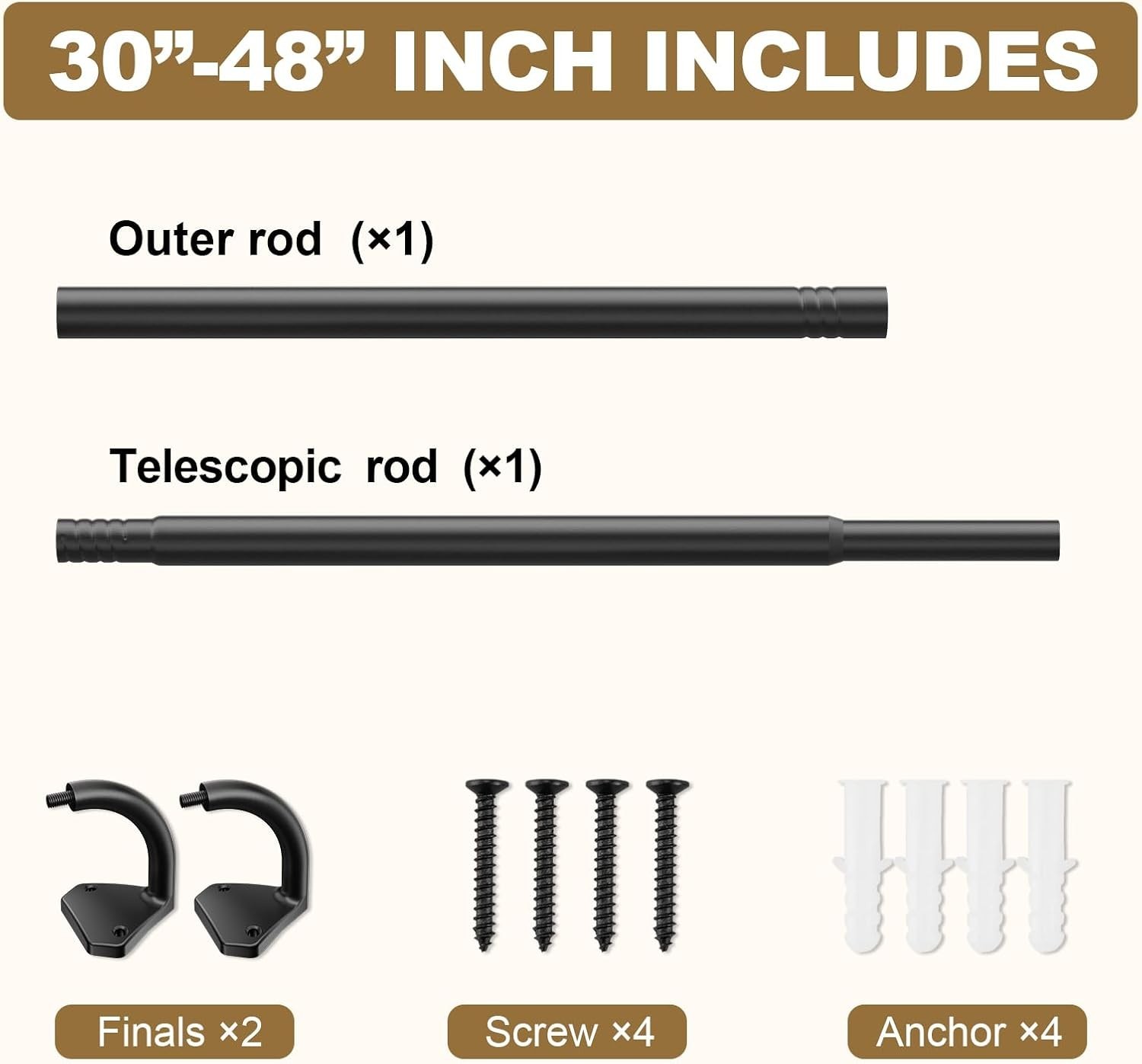 Black Wrap around Curtain Rods for Windows 28 to 48 Inch, 5/8 Inch