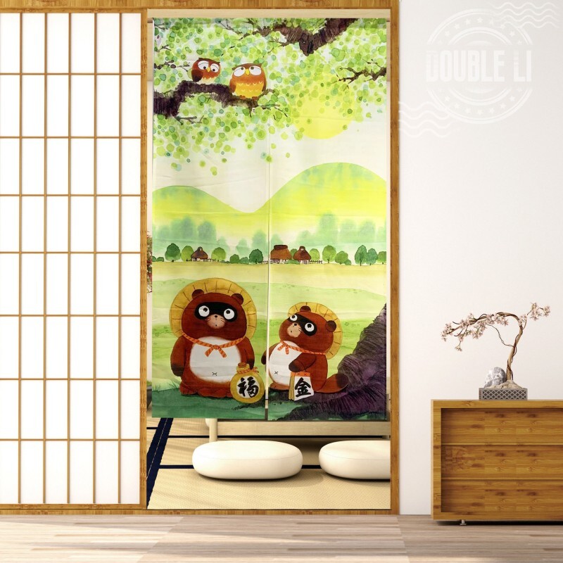 JAPANESE Noren Room Door Curtain Doorway Hanging Divider Tapestry Green Owl Bear