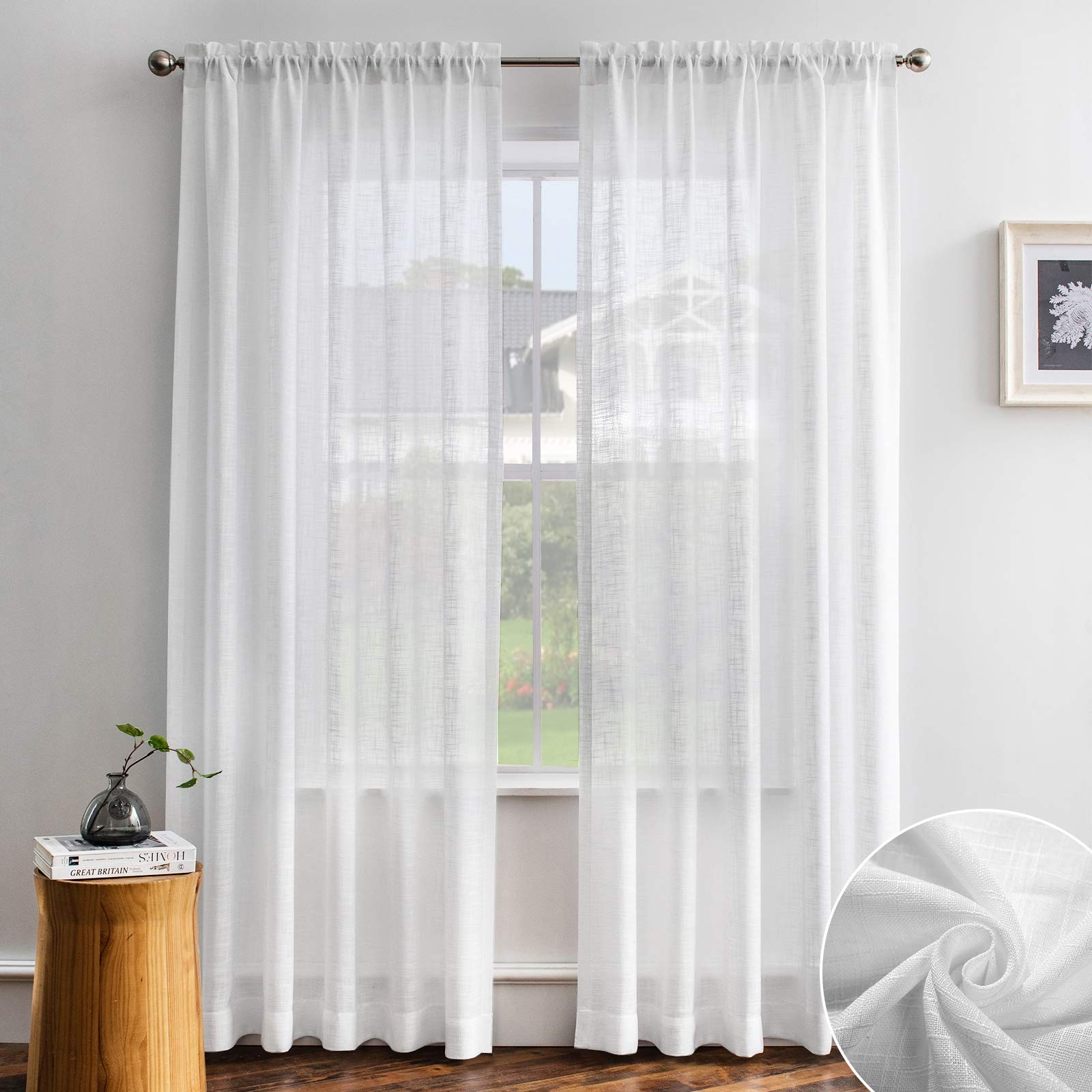 Melodieux White Linen Textured Semi Sheer Curtains 84 Inches Long For Living