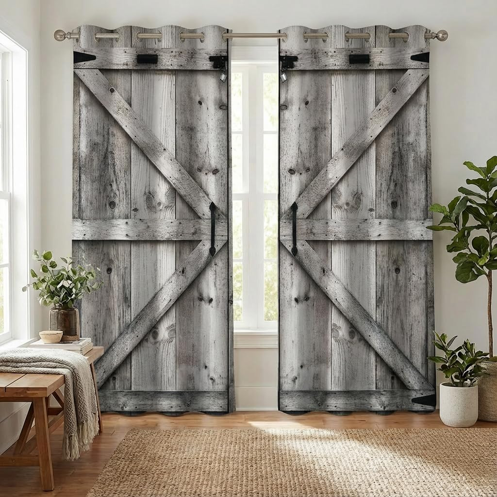 Wood Door Blackout Curtains for Girls Boy Home Decor, Barn Rural Village Farm Co