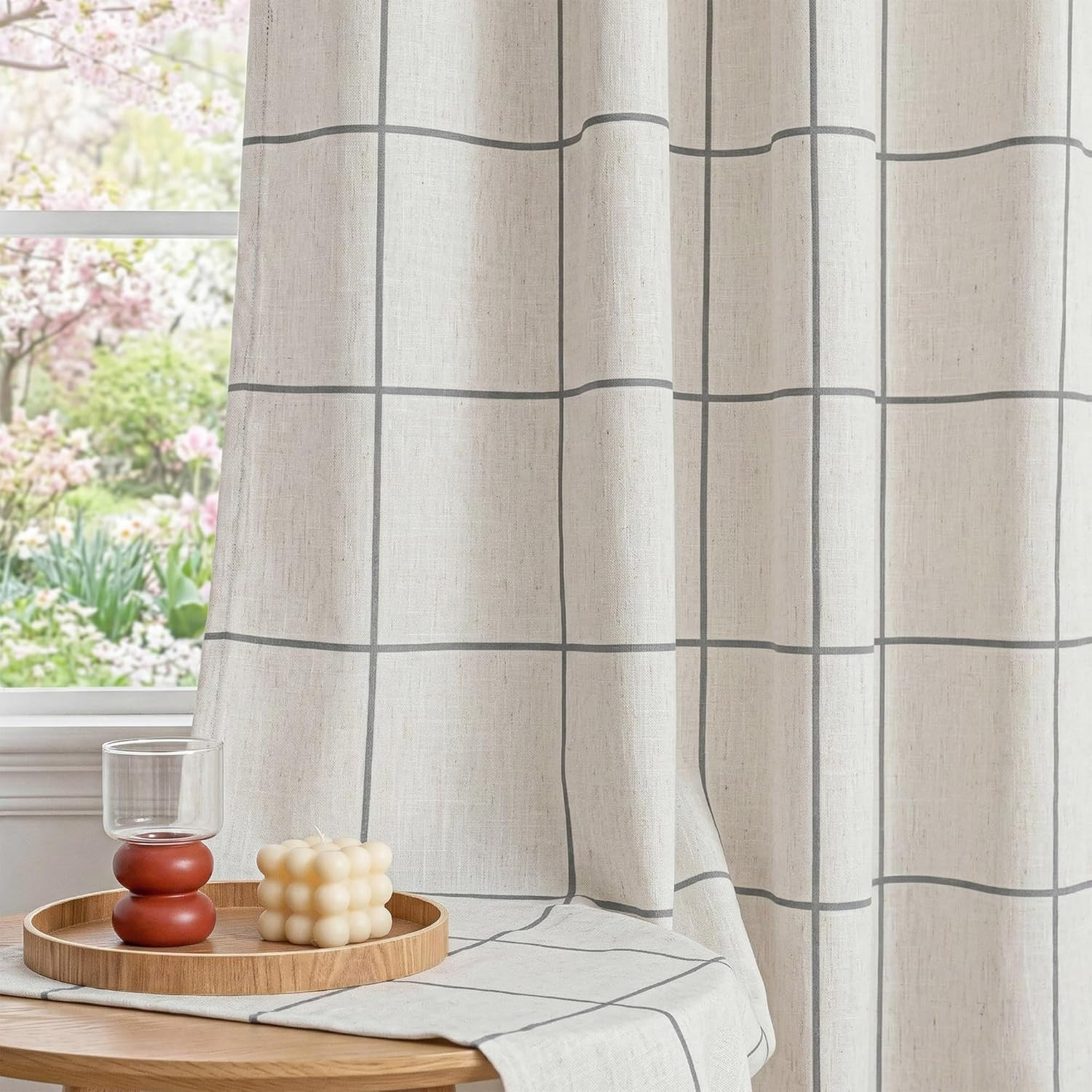 Blackout Plaid Linen Curtains 84″ Long – 2 Panel Set, Deep Grey