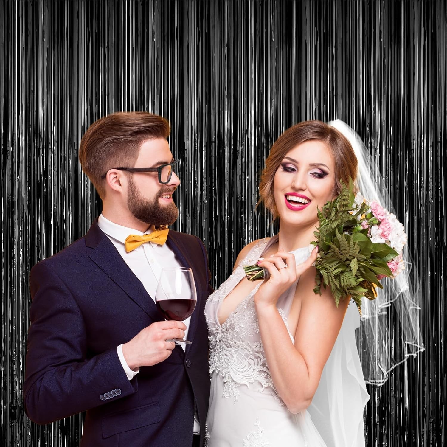 Black Foil Curtain Backdrop 2Pack Black Metallic Tinsel Fringe Curtains Photo…