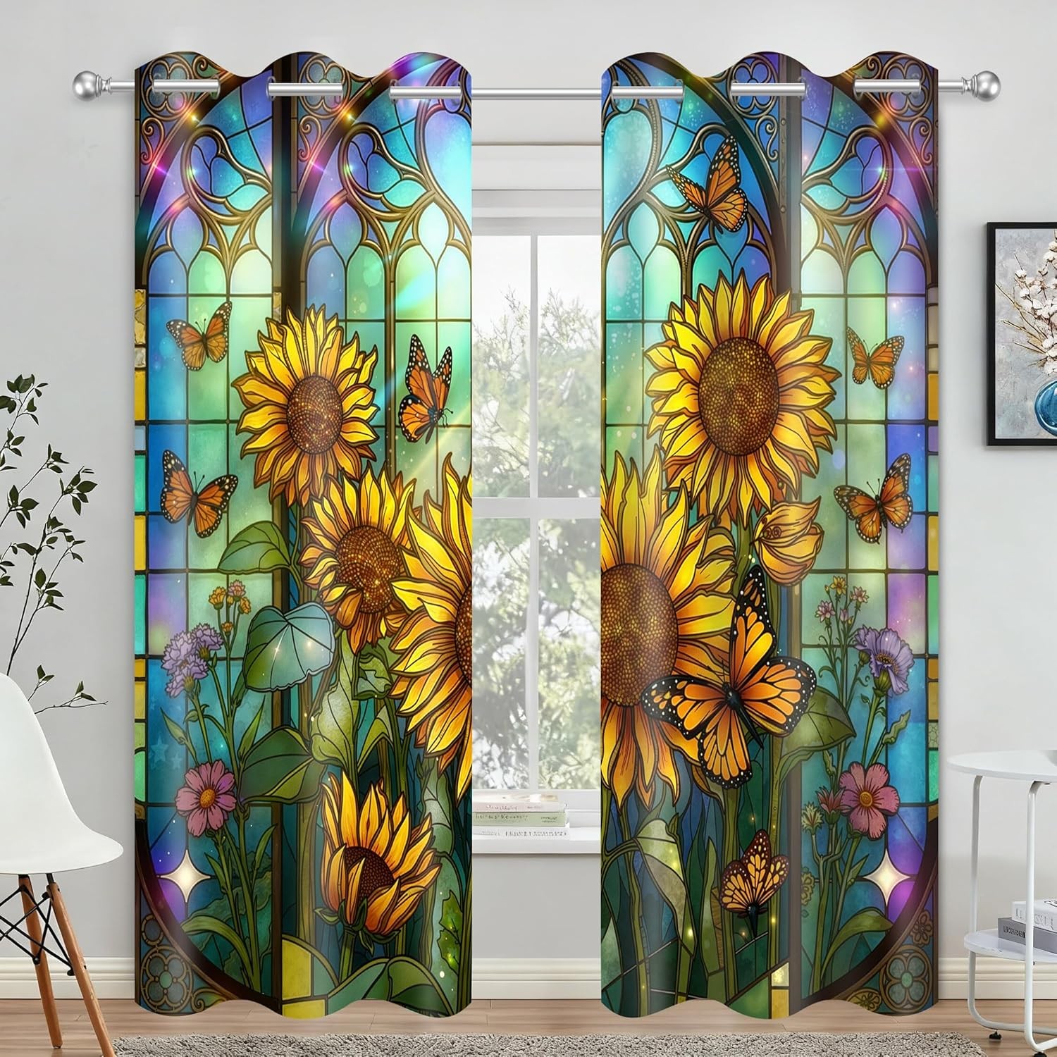 Sunflower Blackout Curtains Colorful Butterfly Flower Fantacy Garden Stained