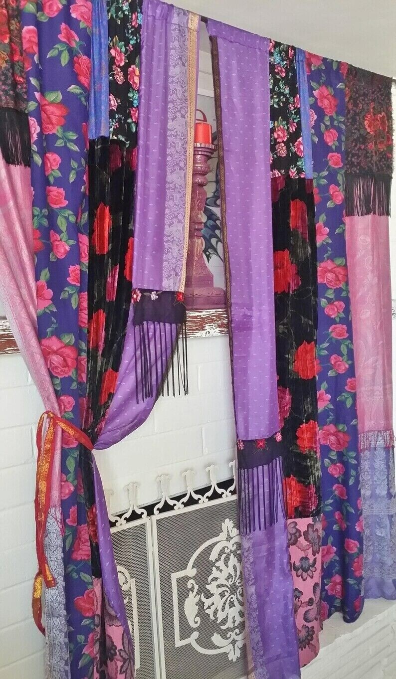 2 Pcs Indian Sari Patchwork Curtain Drape Window Decor Multi Silk Sari Curtain