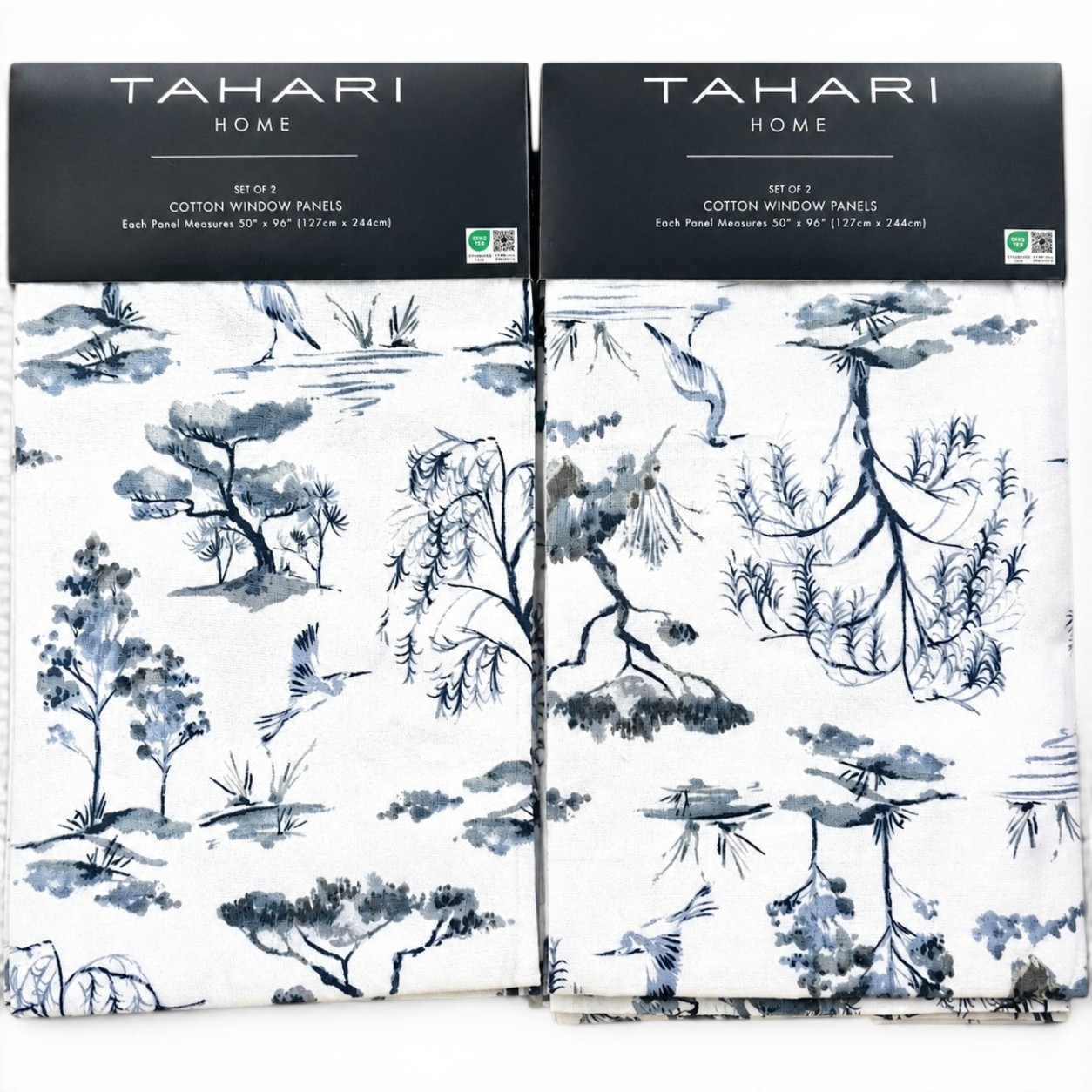 Tahari set of 4 Curtains 50×96 Cotton NatureTree Sketch Crane Panels NEW
