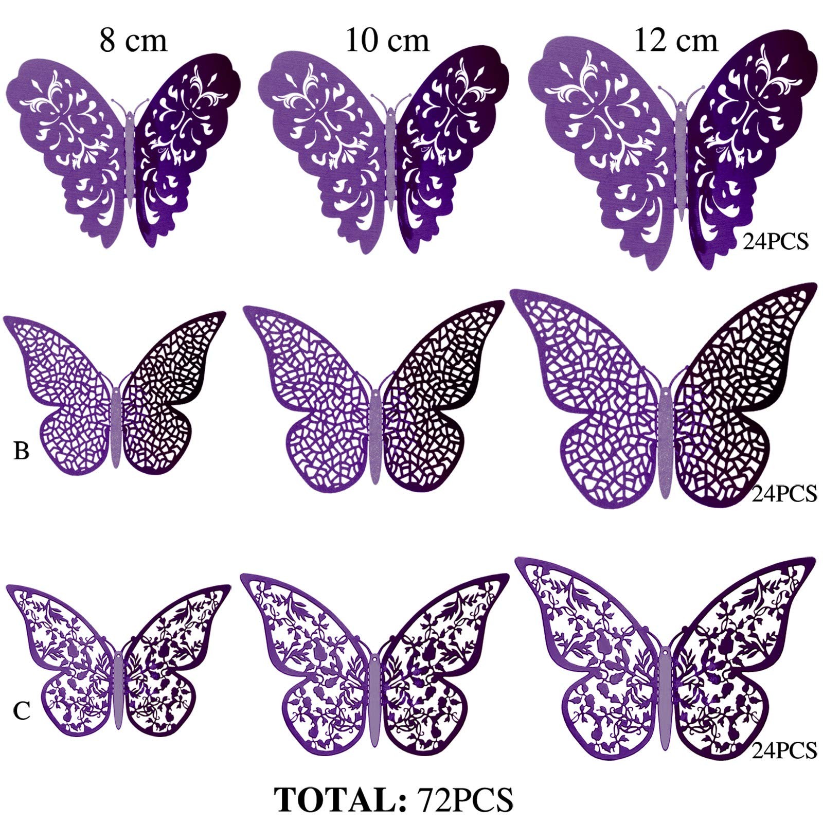 72 Pieces 3D Butterfly Wall Decals Sticker Decal Decor Art Purple