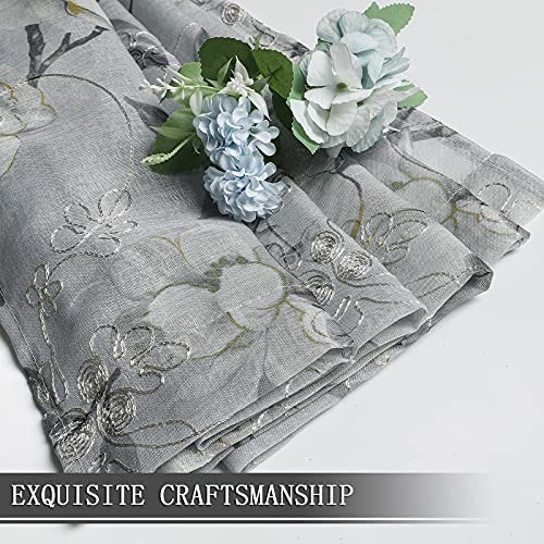 Sheer Tier Curtains Grey Flower Leaf Printed Floral Embroidered Half Window