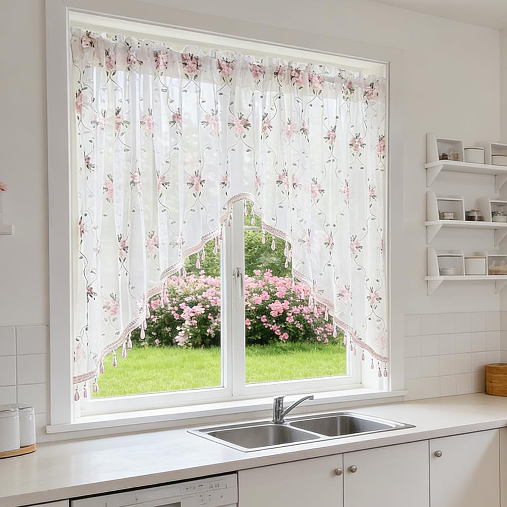 1PC Victorian Style Floral Sheer Swag Curtain Valance for Arched Door,Pink Embro