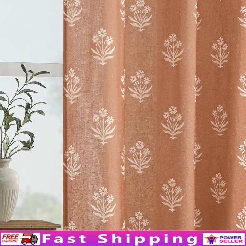 Boho Curtains Floral Block Print Sheer Linen Blend Decorative Panels Living Room