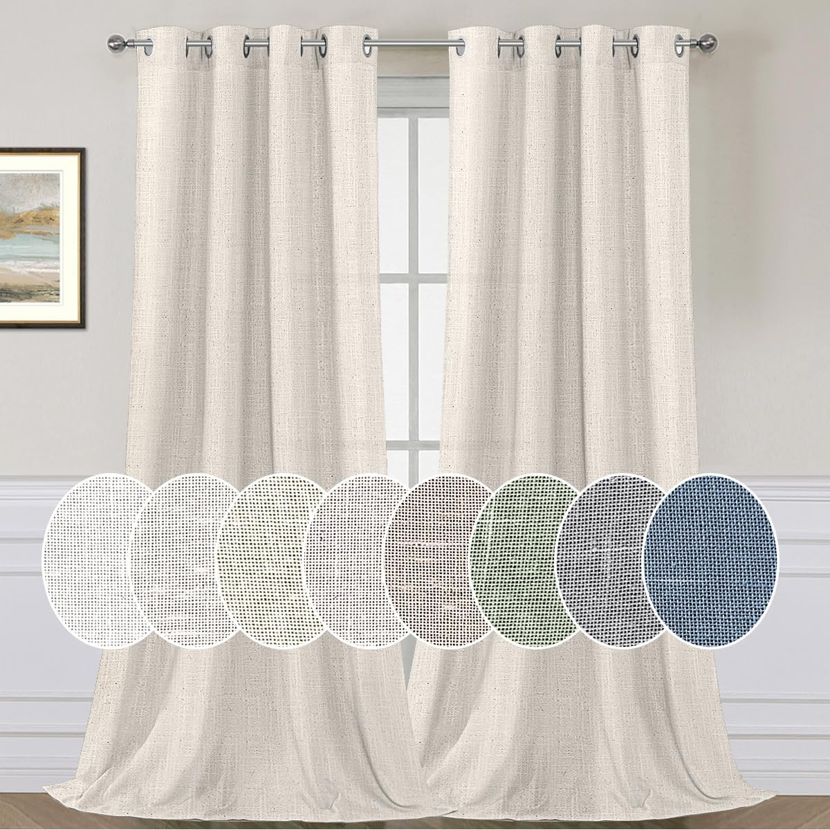 100% Blackout Linen Curtains 96″ Long Ivory Grommet Pair Set