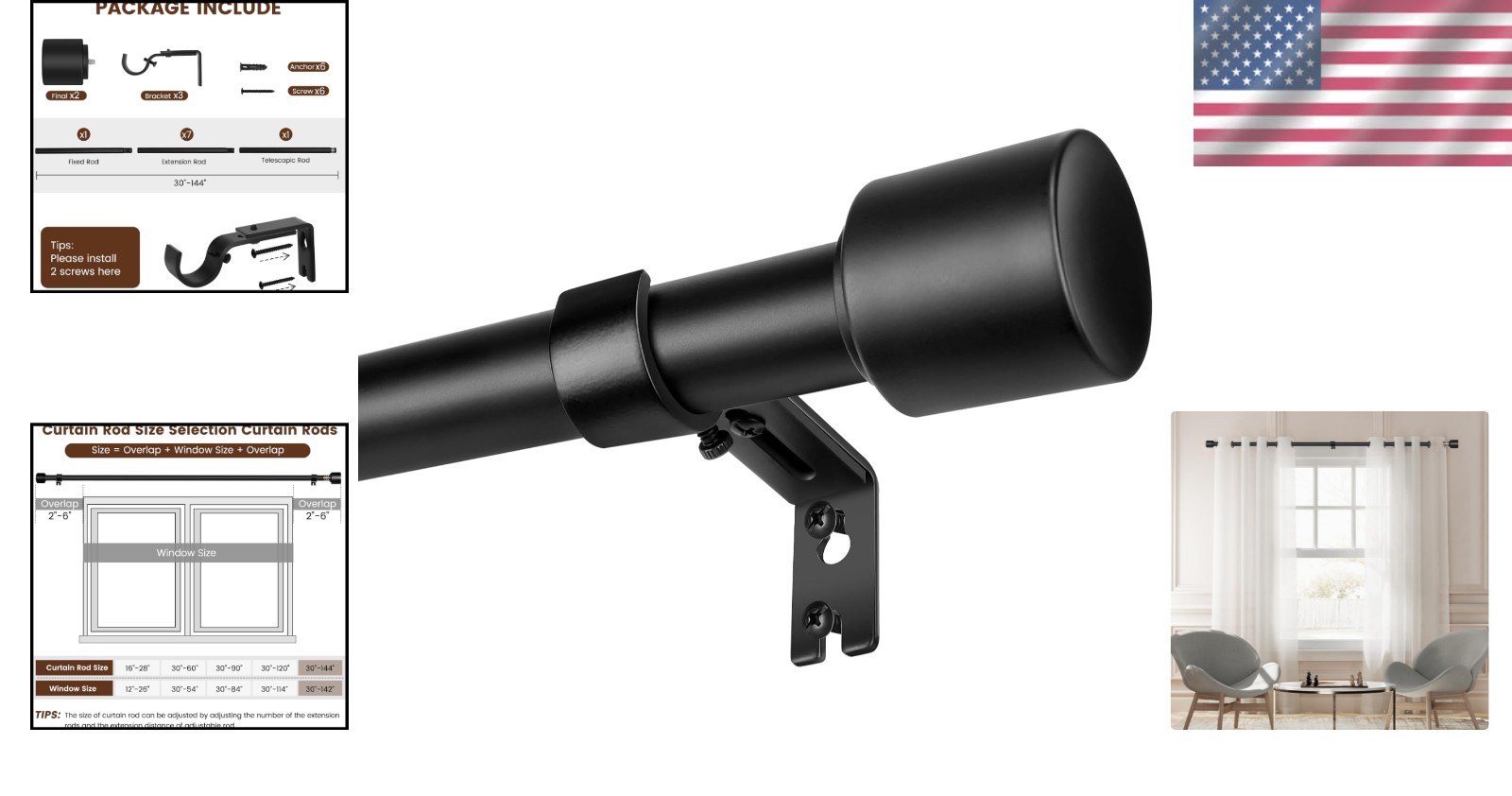 Heavy Duty Matte Black Curtain Rod, 30-144 Inch – Sturdy and Elegant Design