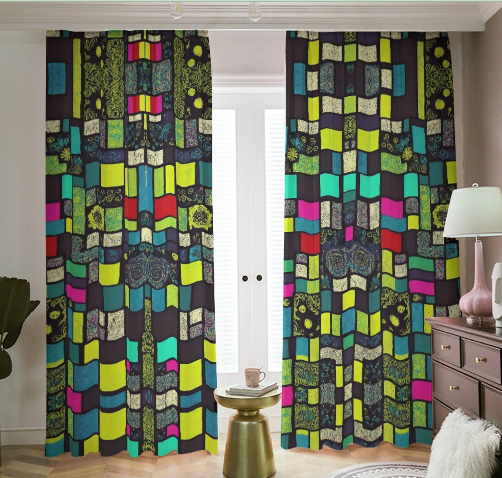 Retro Modernist Blackout Curtains Abstract Blue Mid Century Mod 50’s Neon Black