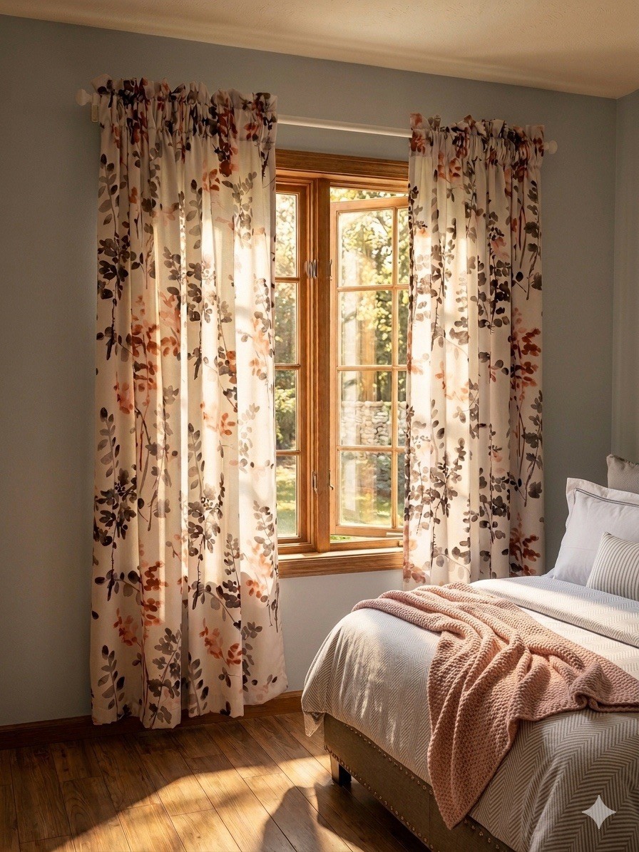 Curtains/Drapes Gray Floral Light and Dark Peach Lined, L 63” X W 50”. 2 Pair