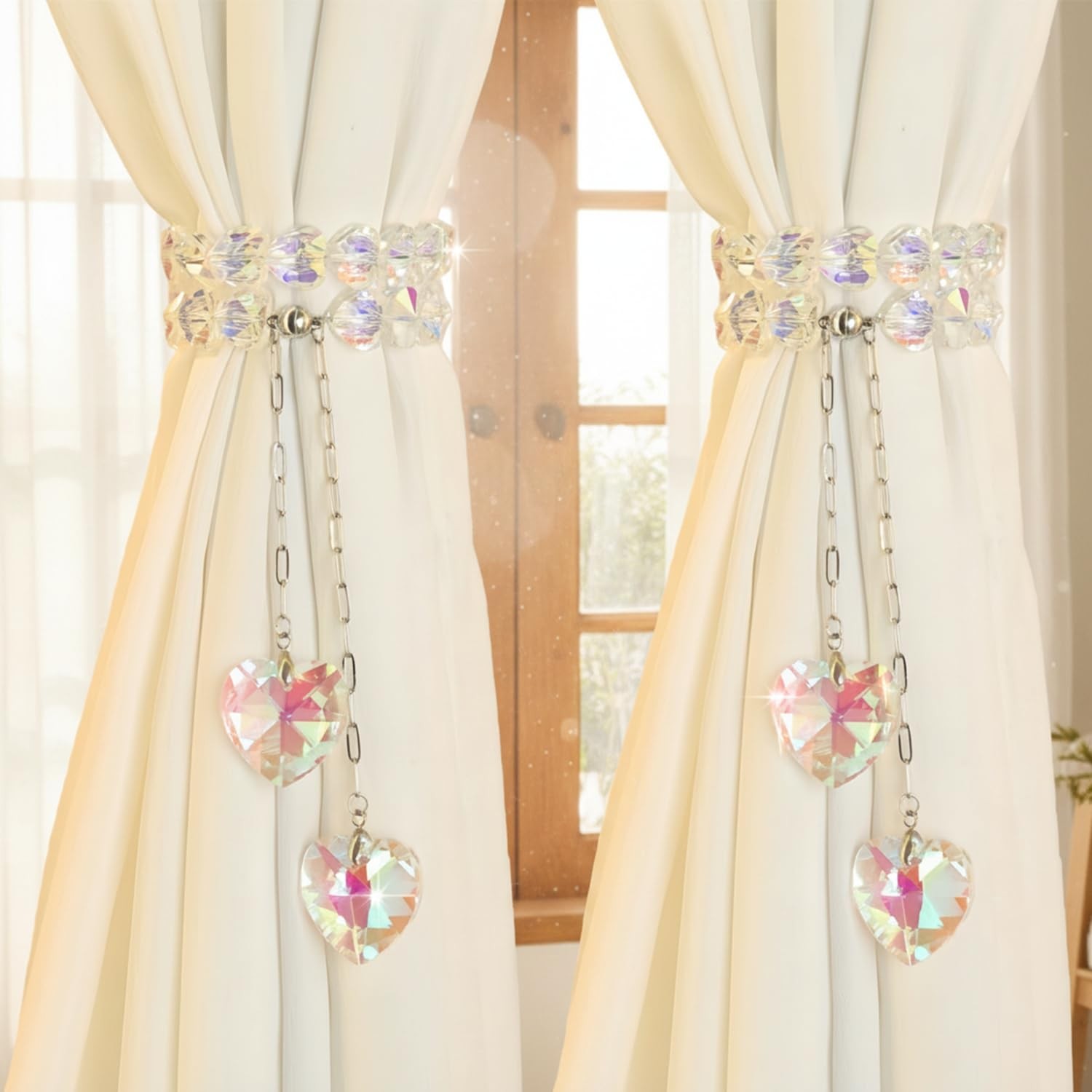 Magnetic Curtain Tiebacks, 2 Pack K9 Clear AB Color Crystal Prism Beaded Pend…