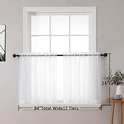Sheer Tier Curtains 24 Inch Length Set, Small 42″W x 24″L (Pack of 2) White