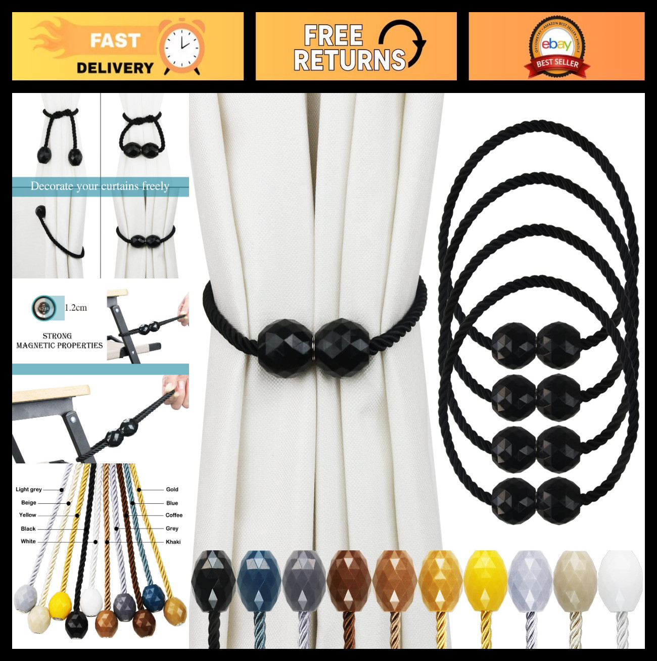 Magnetic Curtain Tiebacks 4 Pack – Black Decorative Holdbacks for Drapes & Outdo