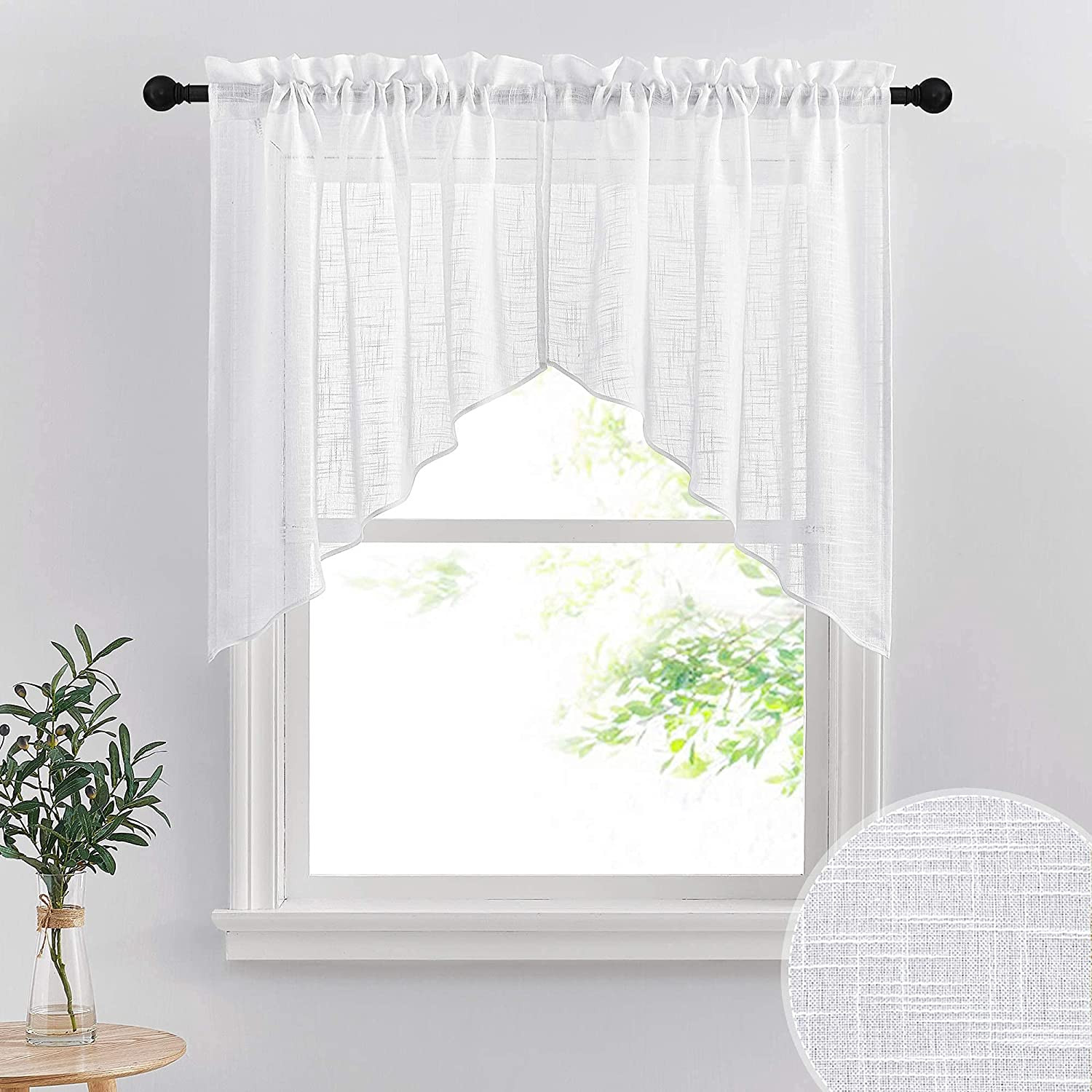 Short Kitchen Valances and Curtain Set, Privacy White Linen Swag Curtains, Semi