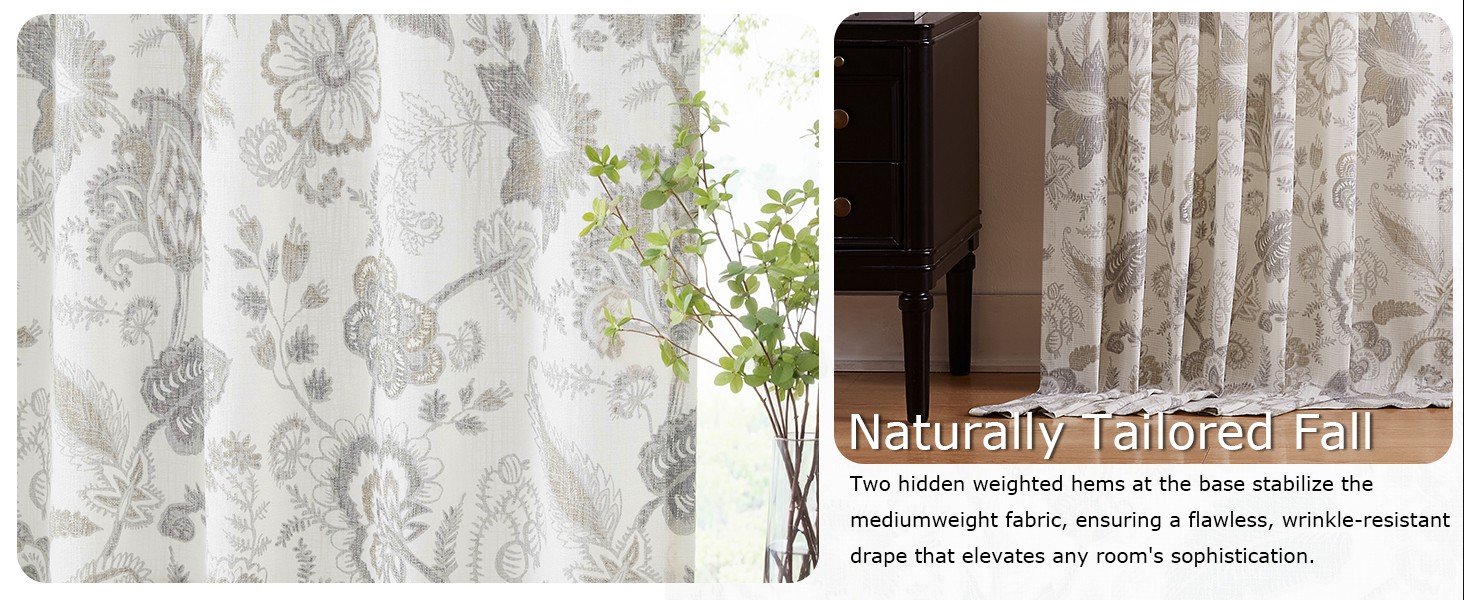 Floral Leaf Print Light Filtering Curtains Grey Linen Botanical Leaf Flower