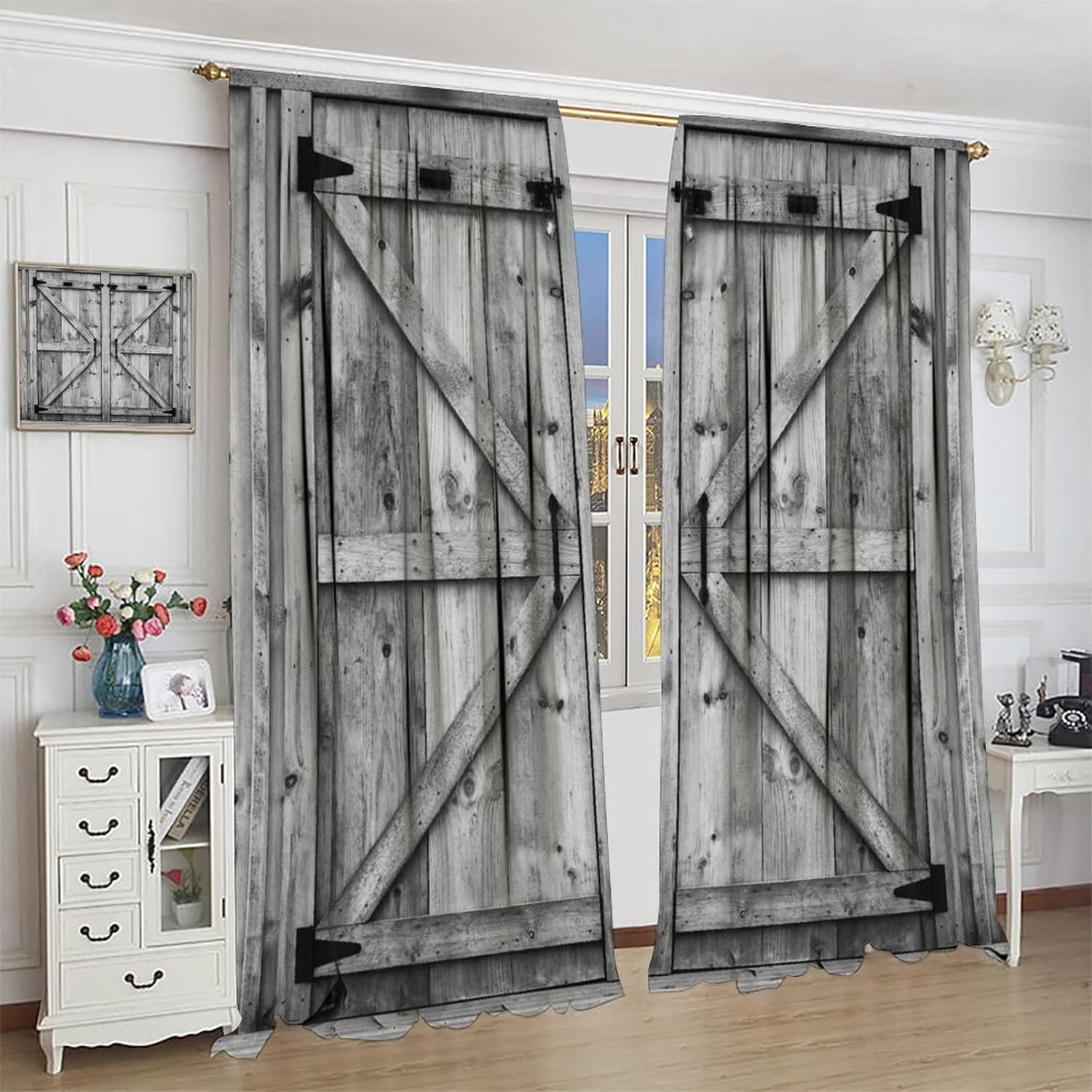 Rustic Curtain,Grey White Wooden Barn Door Farmhouse Wood Vintage Theme Print Wi