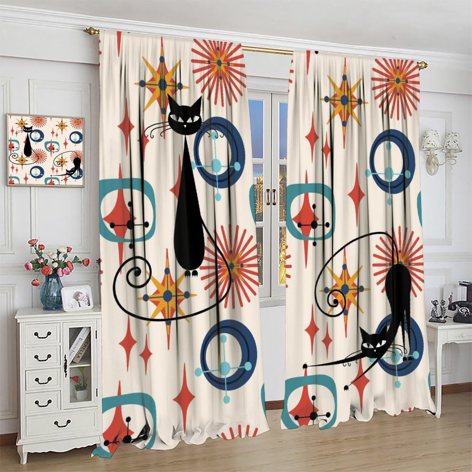 Mid-Century Atomic Star Curtains, Modern Geometric Abstract Art Explosion Vin…