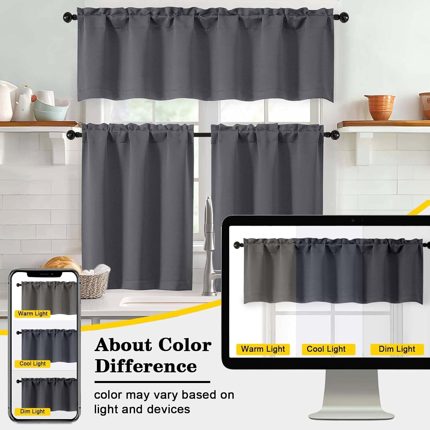 Grey Cafe Blackout Curtains Tier 36 Inch Length 2 Panels, Soft Solid Thermal Ins