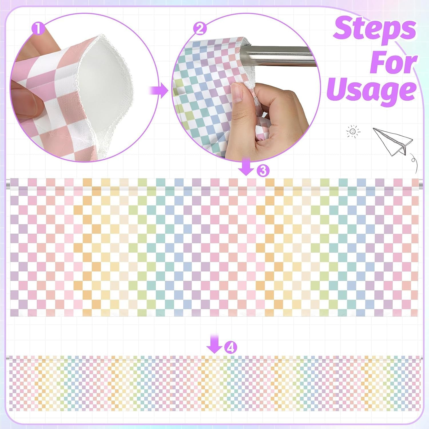 4PCS Pastel Checkered Classroom Curtains Rainbow Checkered Kitchen Valances for