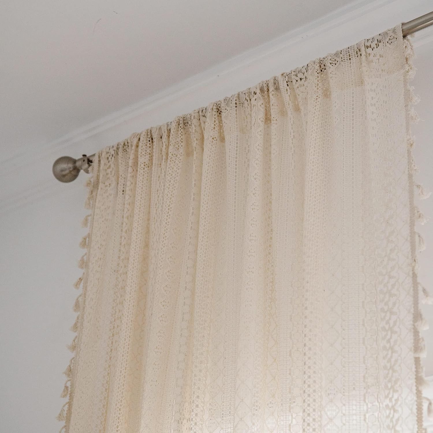 Crochet Boho Lace Sheer Curtains Macrame Farmhouse 63 Inches Length Long Beige