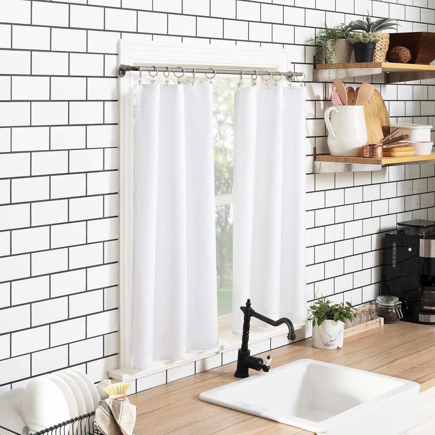 Martine Semi-Sheer Microfiber Kitchen Curtain Set, 54” x 36”, White Elegance