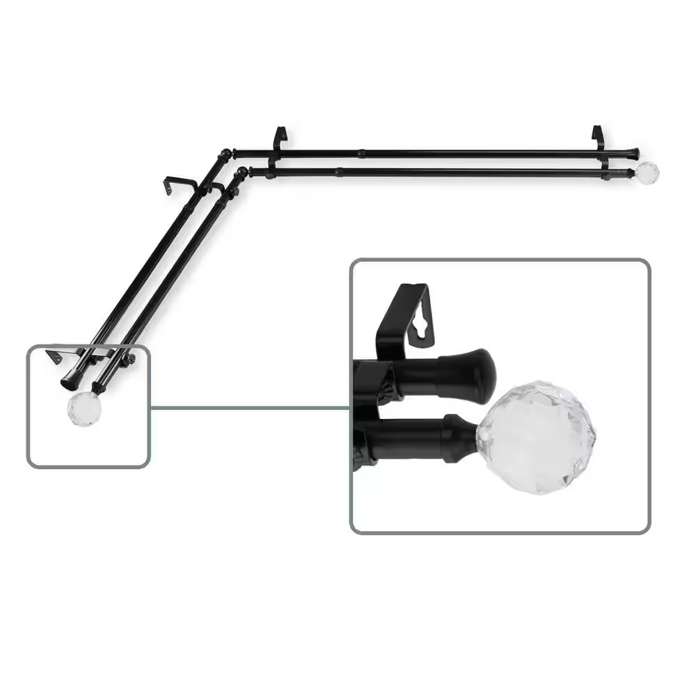 13/16″ Dia Adjustable 120″ to 170″ Double Corner Window Curtain Rod in Black wit