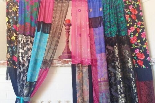 2 Pcs Indian Sari Patchwork Curtain Drape Window Decor Multi Silk Sari Curtain