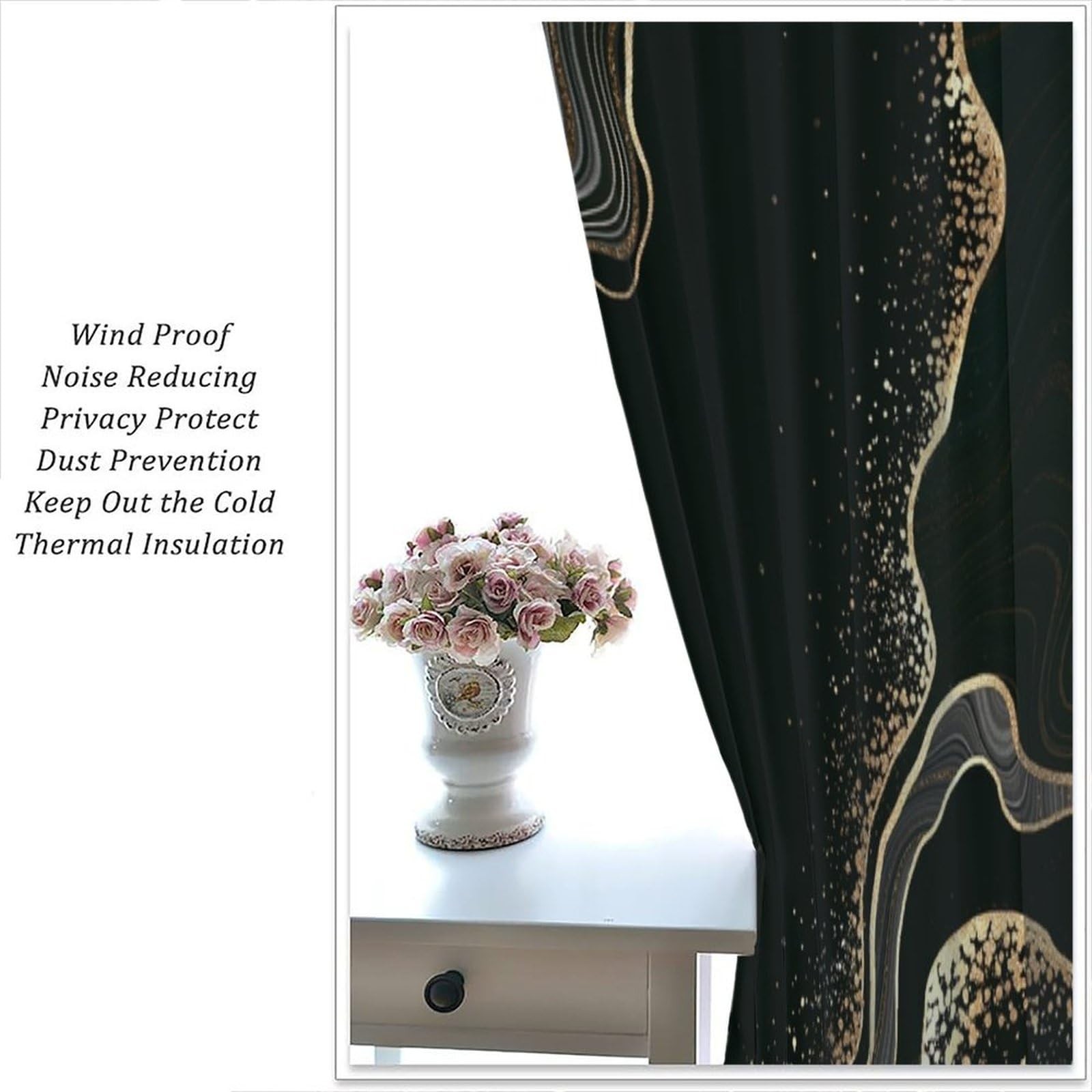 Marble Curtains for Bedroom,Modern Luxury Abstract Black Gold Ripple Art Wind
