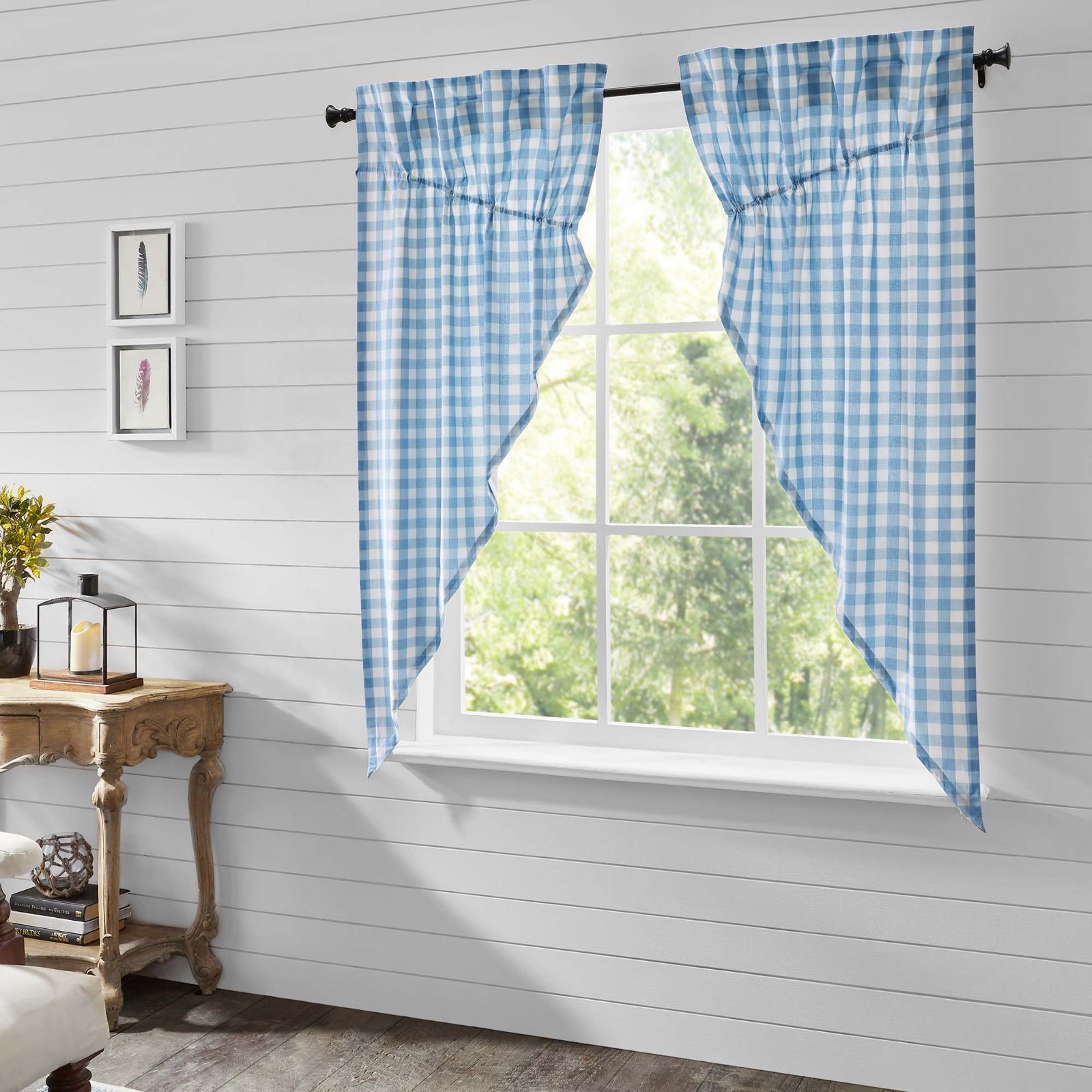 Annie Blue White Check Cotton Lined Country Farmhouse Prairie Curtains