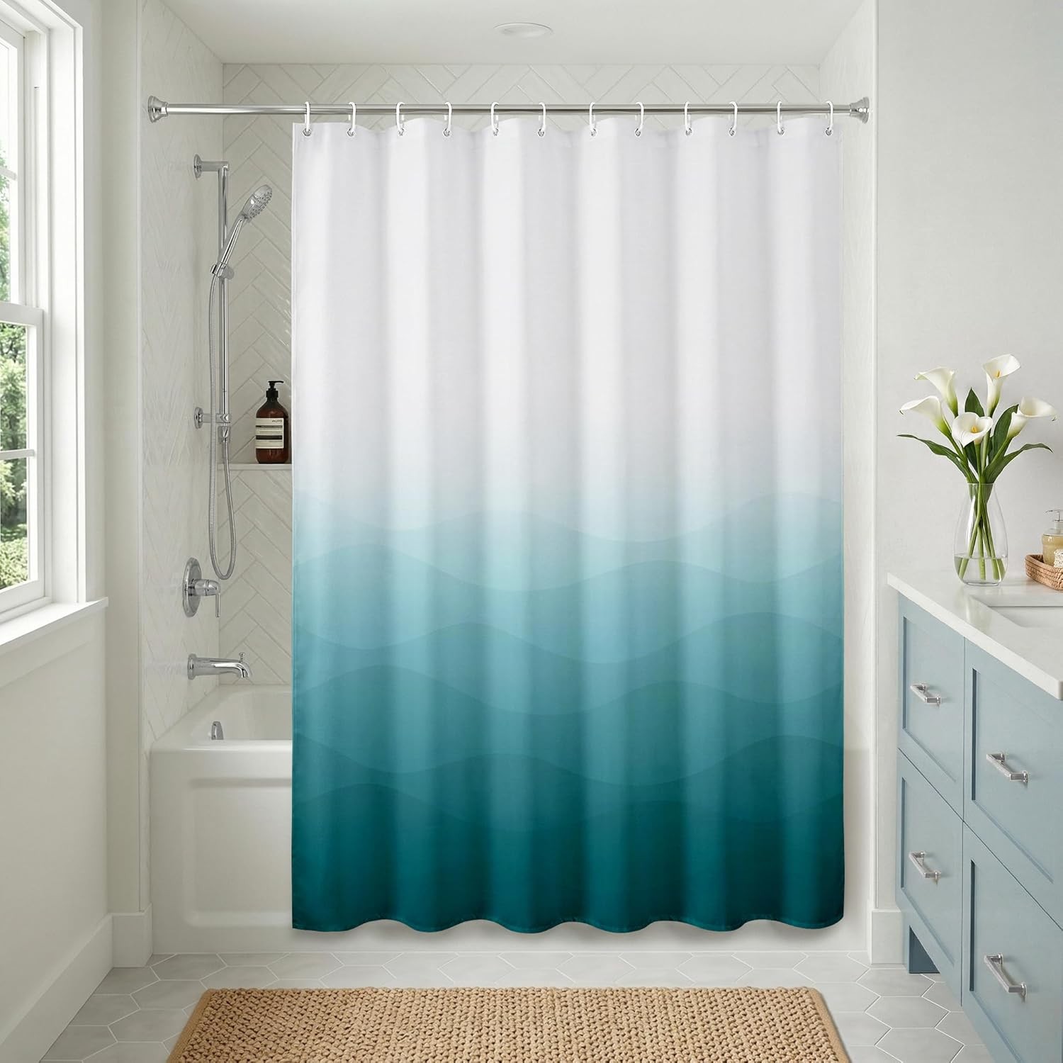 71×74 Wave Blue Ombre Shower Curtain – Water-Resistant Long Shower Curtain with