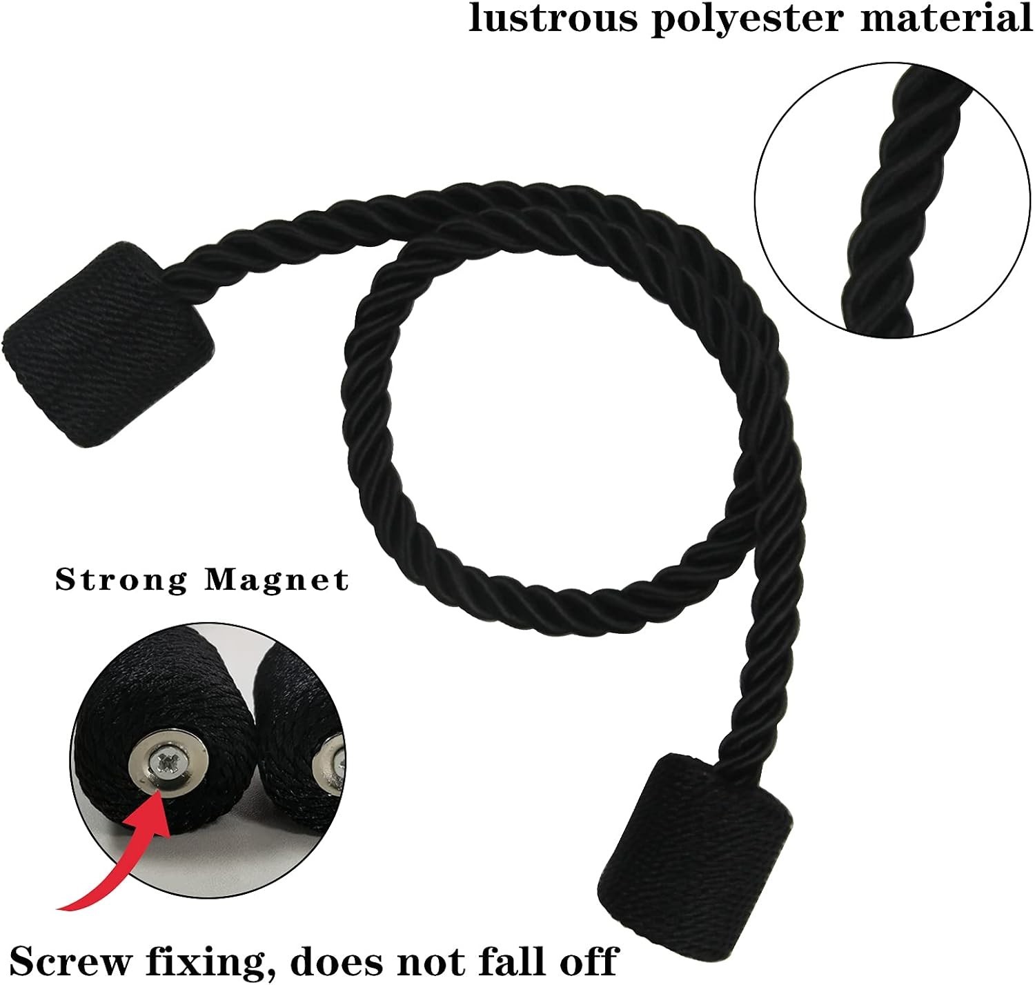4 Pack Elegant Magnetic Curtain Tiebacks – Hand-Woven Black Rope Holdbacks