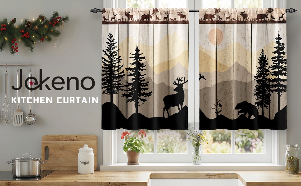 Forest Animal Cabin Kitchen Curtains Sunset Country Bear Deer Nature Printed