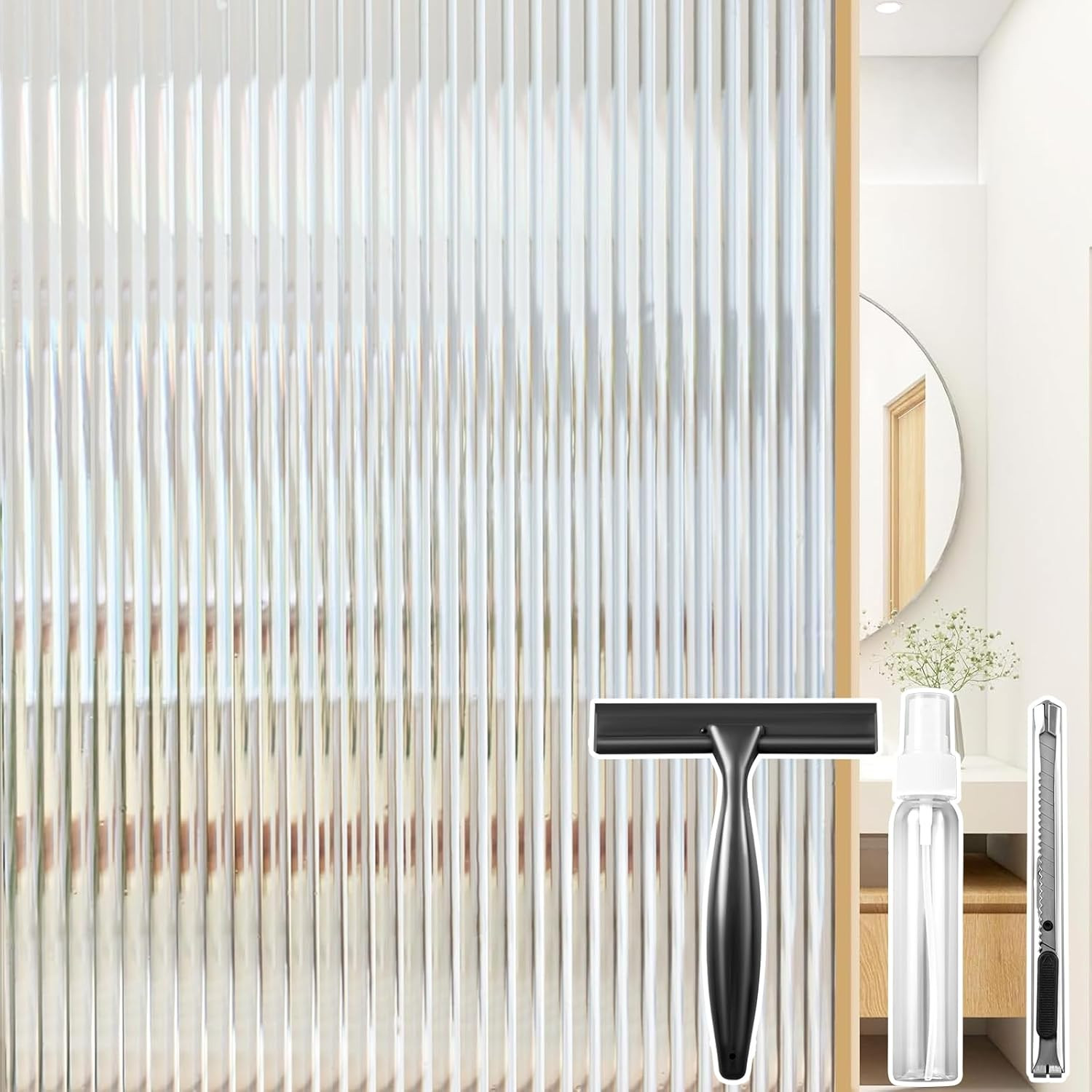 Reeded Glass Privacy Window Film with 3 Tools, 3D Decorative Fluted Frosted Patt