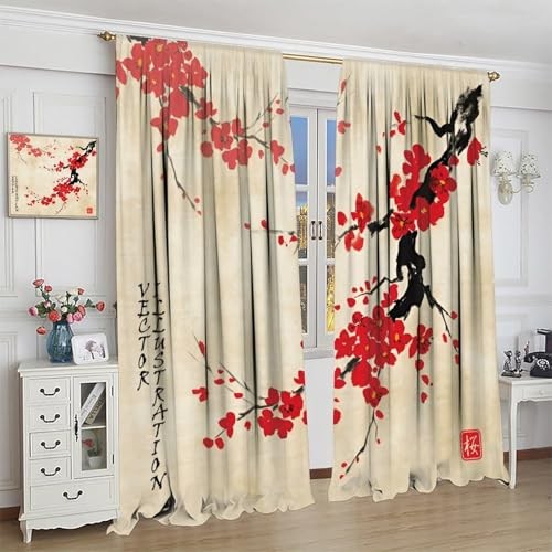 Oriental Cherry Branch Curtains, 20.5″W x 45″L (Pack of 2) Cherry Blossom-9