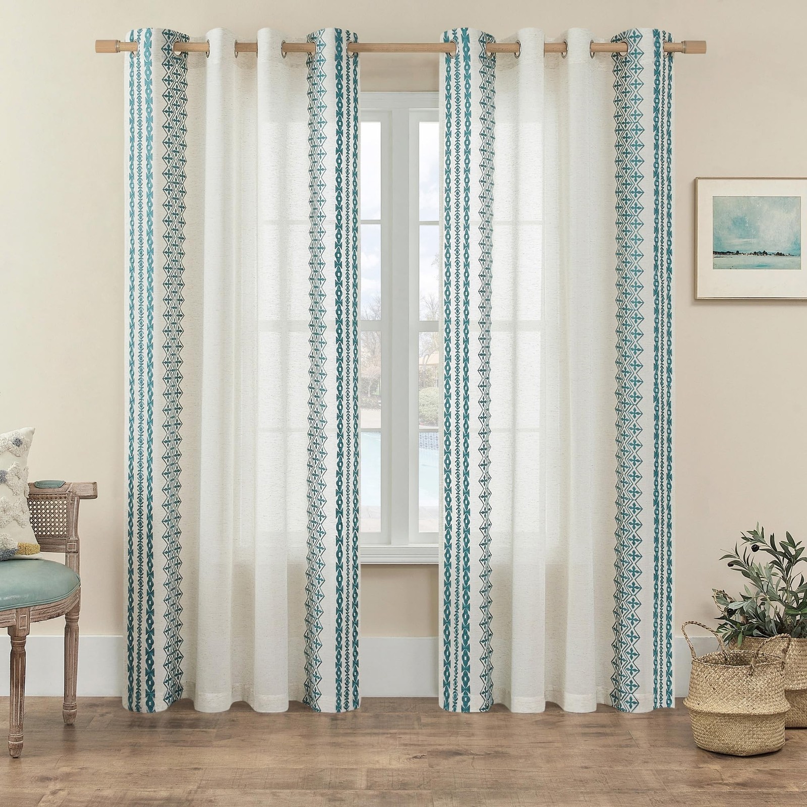 Teal Boho Curtains 95 Inches Long 2 Panels Grommet Light Filtering Natural Li…