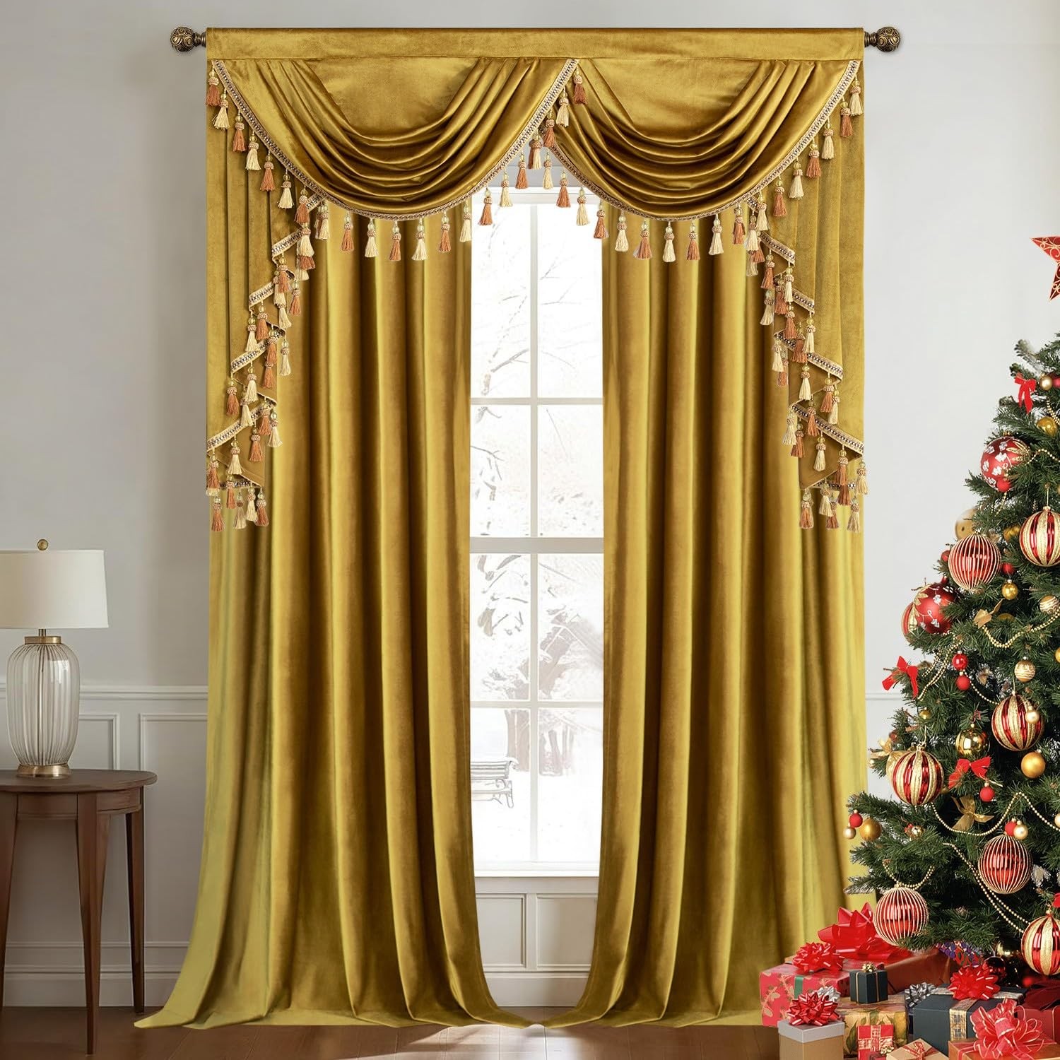 VOGOL Gold Velvet Curtain Panels 52″W x 96″L (Pack of 3), Yellow – 2 Swags
