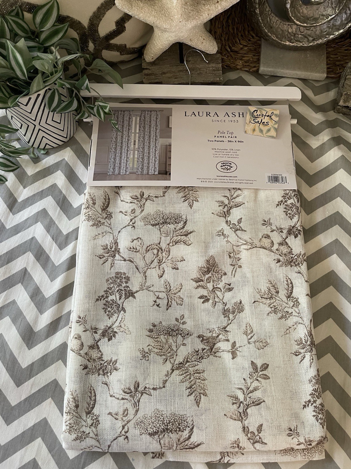 LAURA ASHLEY Birds Meadow Floral Natural Linen Blend Curtain Panel Set NEW 38X96