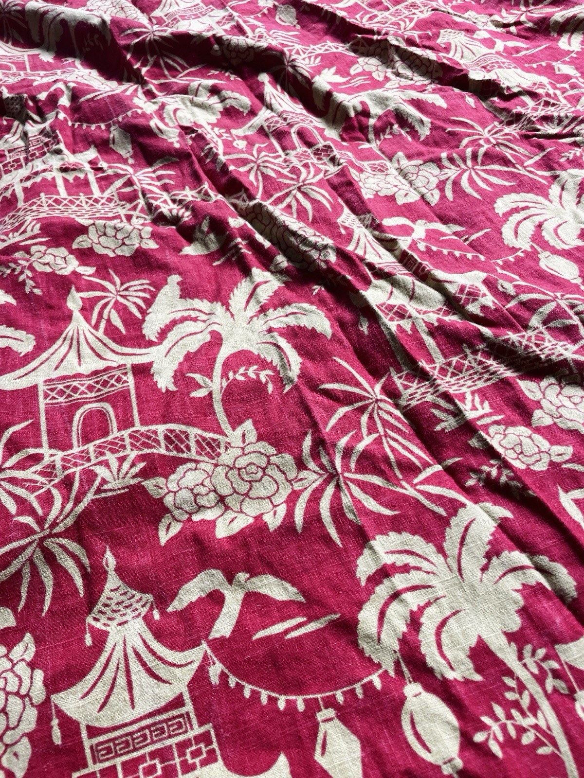 Vintage Set of 4 Pinch Pleat Curtains 70s MCM 108” Long Red Green Drapes Retro